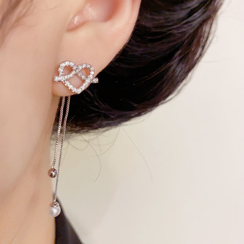 14K Gold Full Diamond Heart Tassel Drop Earrings – Elegant Design