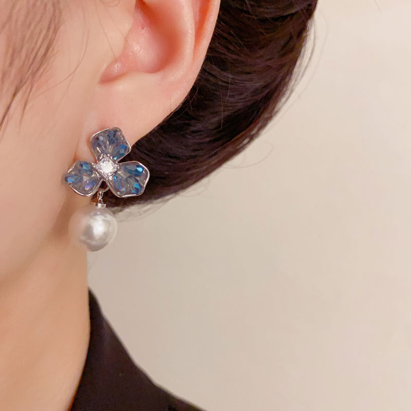 Elegant Blue Crystal 3Petal Flower Pearl Drop Earrings – Floral Design