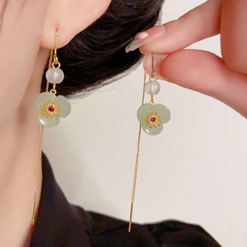 14K Gold-Plated Green Floral Tassel Threader Earrings – Elegant Design