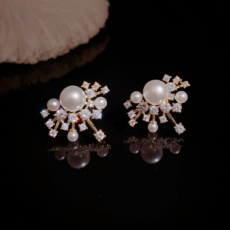 14K Gold-Plated Zircon Firework Pearl Stud Earrings – Elegant Design