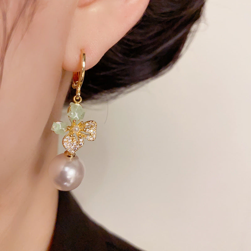 14K Gold Zircon Crystal Butterfly Pearl Drop Earrings – Elegant Design