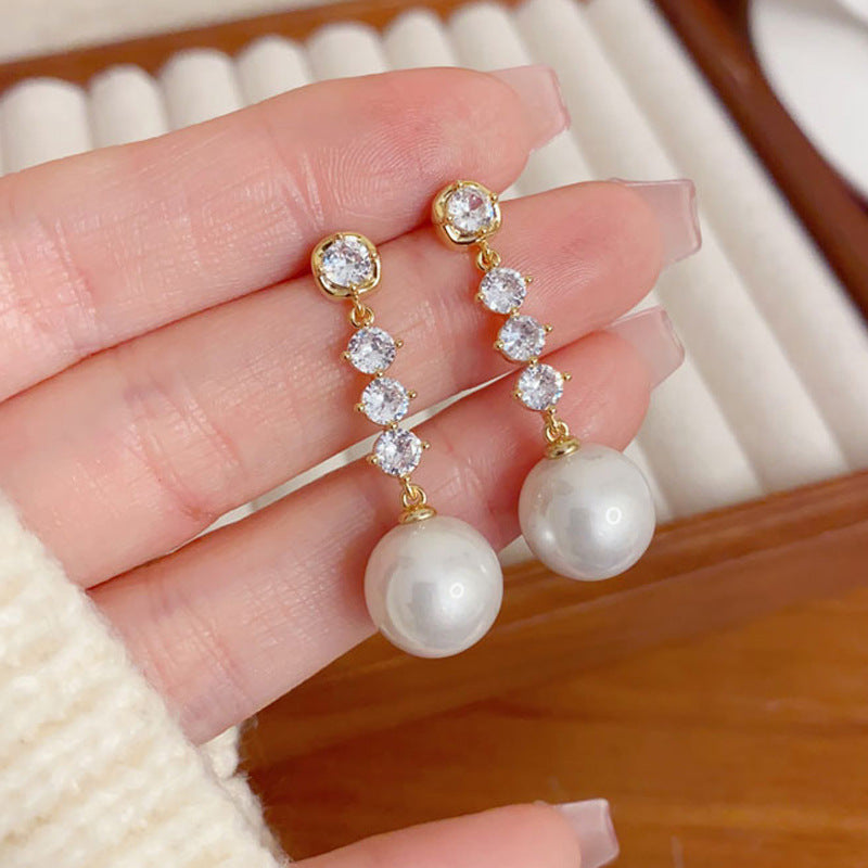 Elegant Zircon Tassel Pearl Drop Earrings – Gentle Geometric Design