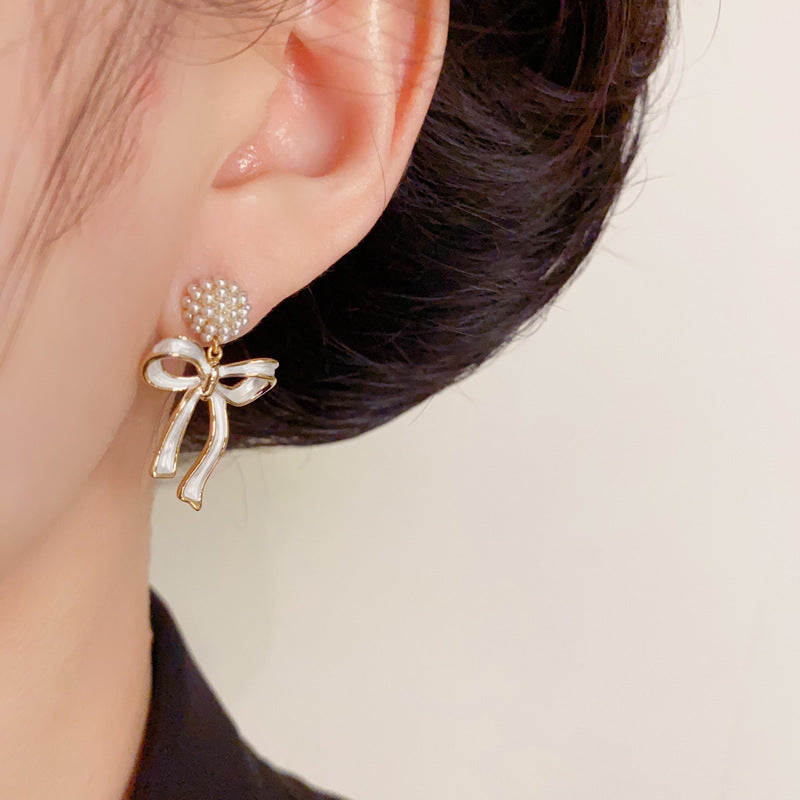 Luxury Pearl Sphere & Bow Ribbon Drop Gold Earrings – Elegant Design