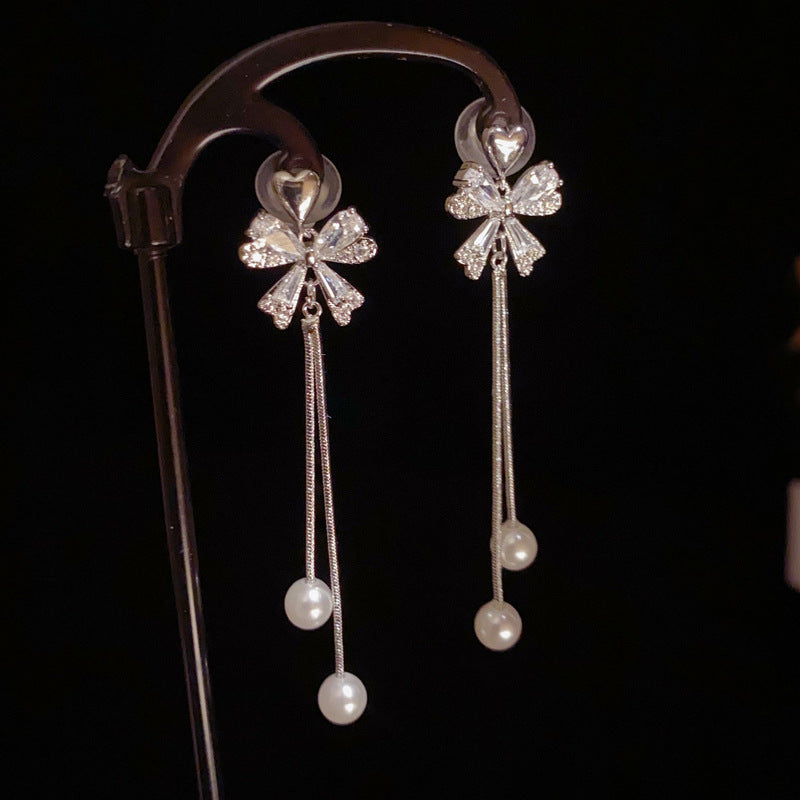 14K Gold-Plated Heart Zircon Bow Tassel Earrings – Elegance Design