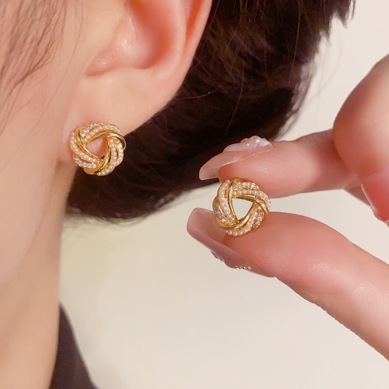 14K Gold Zircon & Pearl Wrapped Triangle Earrings – Geometric Design