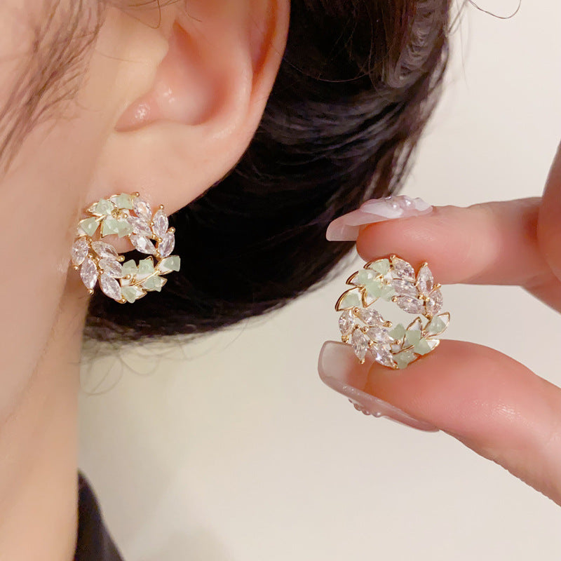 14K Gold-Plated Zircon Leaf Stud Earrings - Minimalist Chic Design