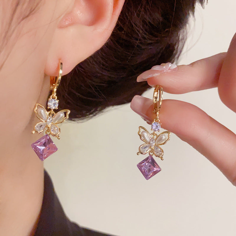 Purple Amethyst Butterfly Tassel Drop Gold Earrings – Elegant Design