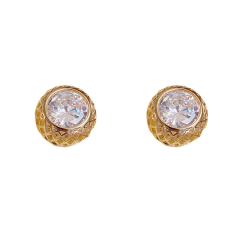 Luxury Metal Mesh & Zircon Round Stud Earrings – Geometric Design
