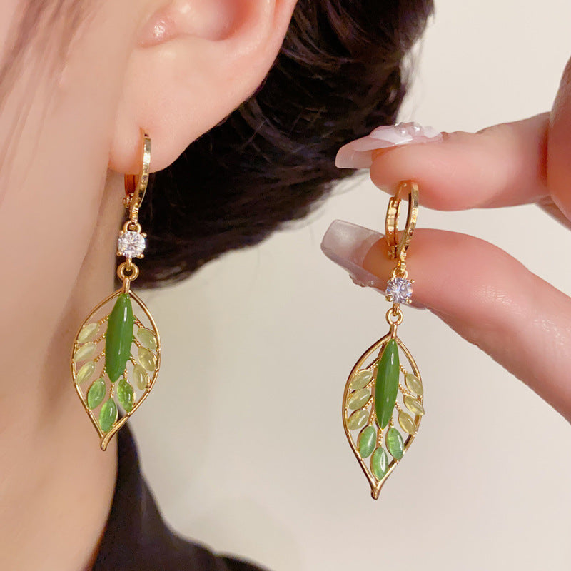 14K Gold-Plated Green Leaf Tassel Earrings – Elegant Minimalist Style