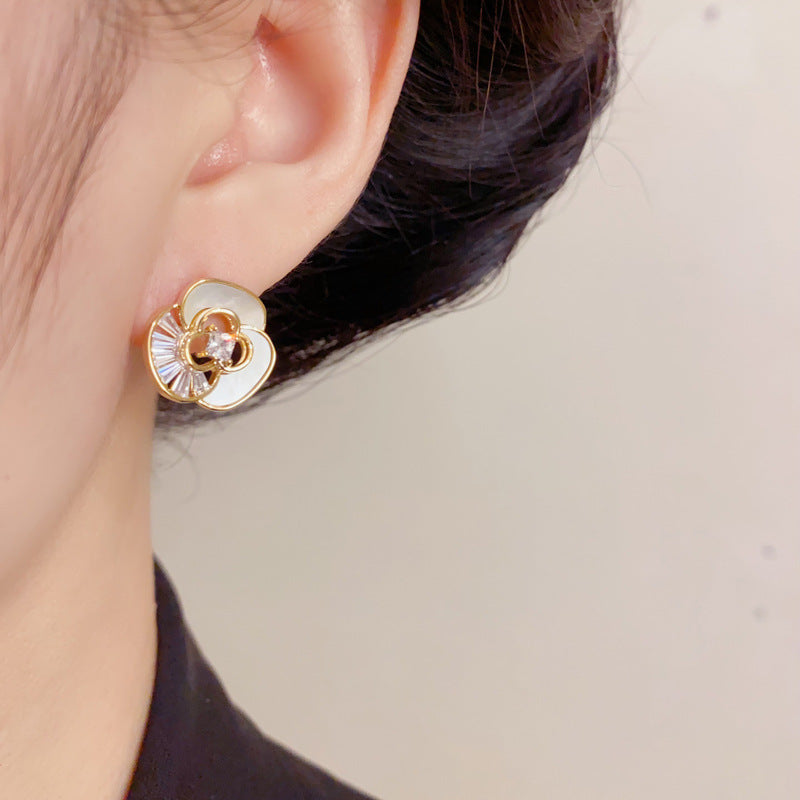 Elegant Shell Camellia Stud Earrings – Refined Floral Design