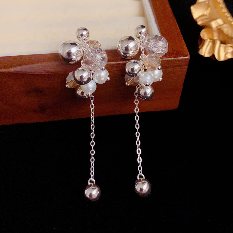 Elegant Pearl Sphere Tassel Drop Earrings – Geometric Design