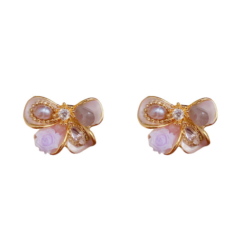 Luxury Handcrafted Flower, Pearl & Bow Stud Earrings – Elegant Design
