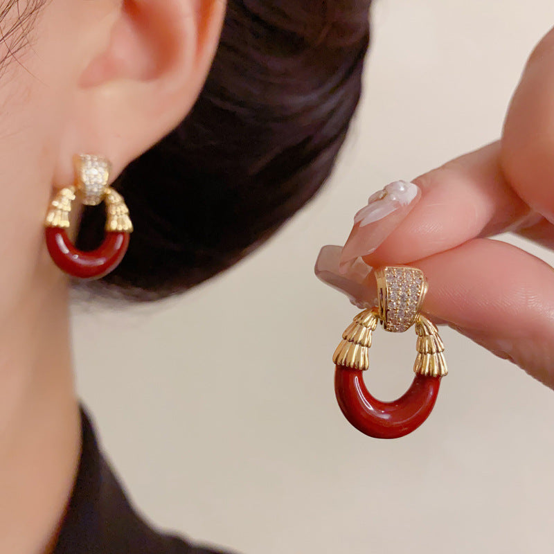 Luxury Zircon Enamel Oval Stud Earrings – Geometric Design