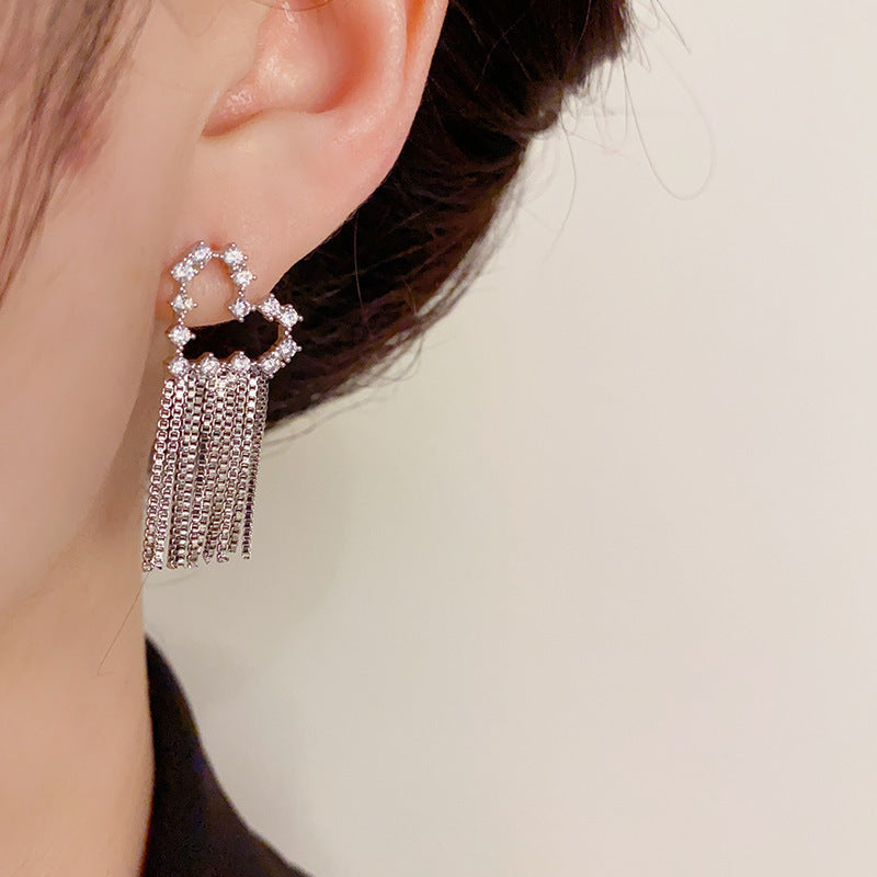 14K Gold-Plated Zircon Heart Tassel Earrings – Elegant Sparkle Design