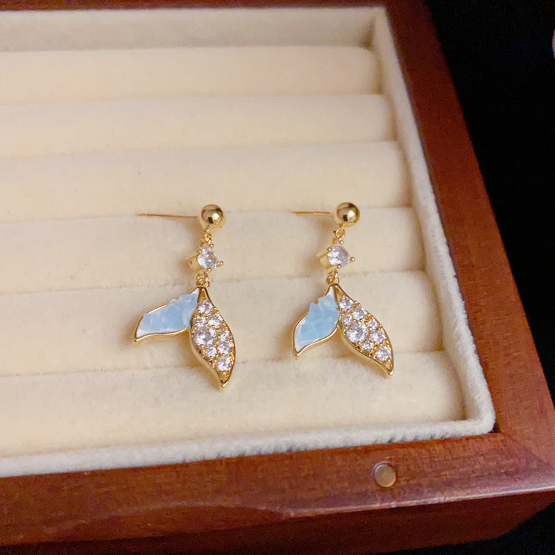 14K Gold Minimalist Blue Fishtail Zircon Drop Earrings– Elegant Design