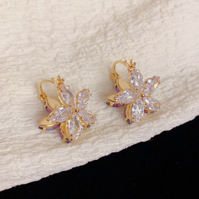 Elegant Zircon Double-Sided Petal Hoop Earrings – Minimalist Design