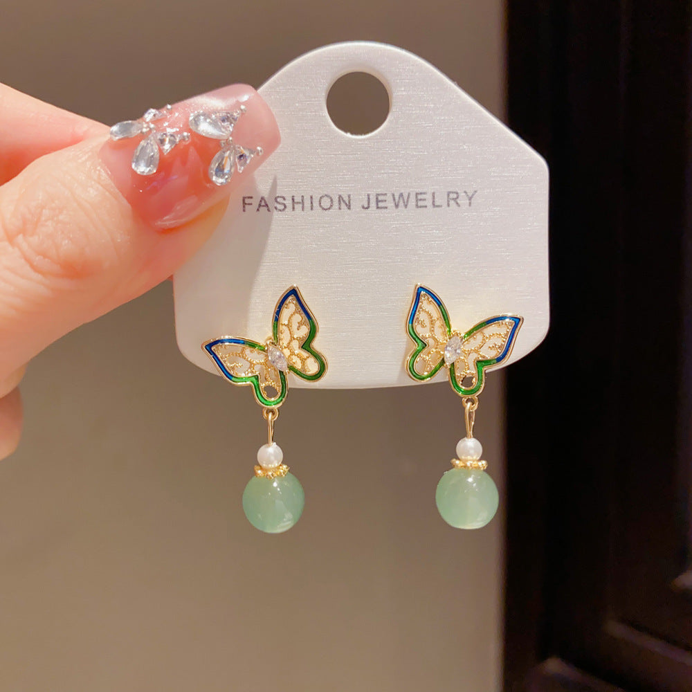Eaioncol Enamel Butterfly Bead Tassel Drop Earrings Gold