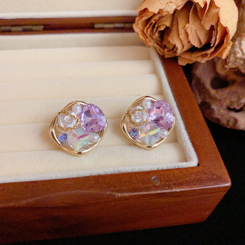 Handcrafted Crystal Petal Diamond-Shaped Stud Earrings– Elegant Design