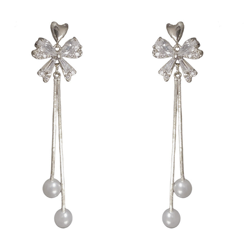 14K Gold-Plated Heart Zircon Bow Tassel Earrings – Elegance Design