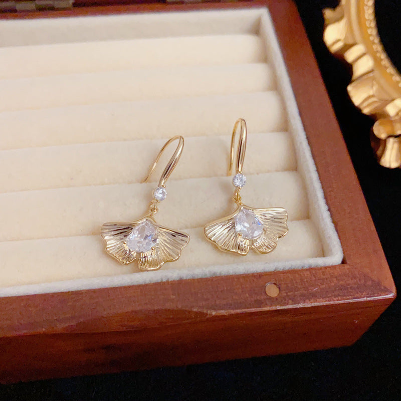 Luxury Zircon Ginkgo Leaf Ear Hook Earrings – Elegant Design