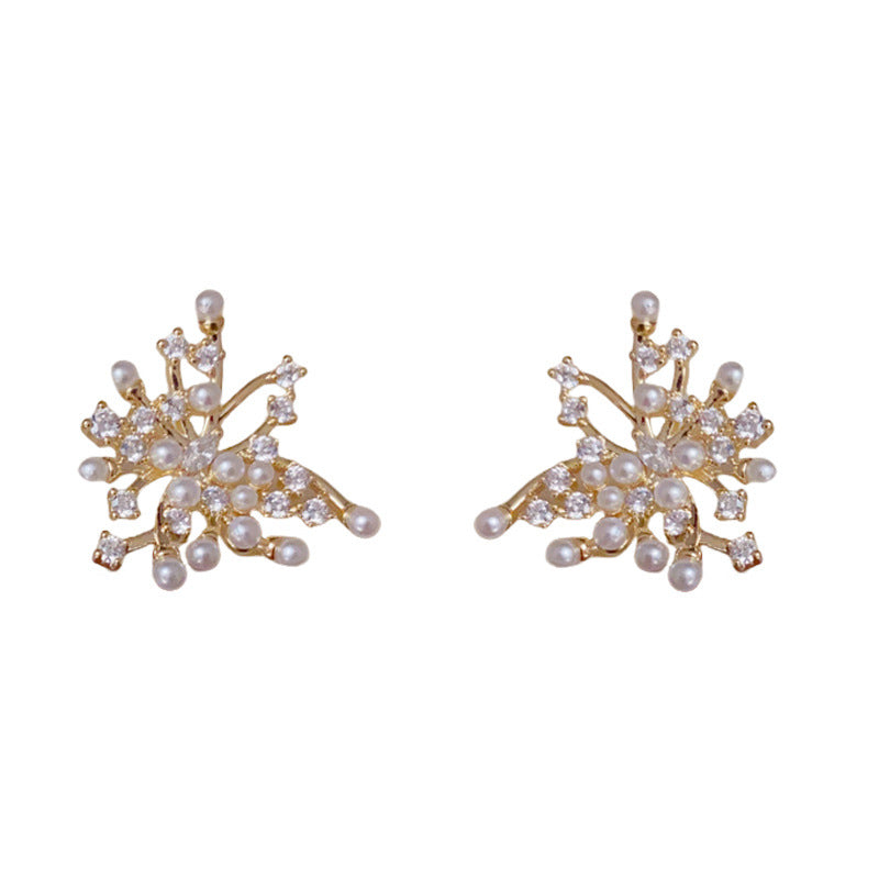 14K GoldLuxury Zircon & Pearl Firework Stud Earrings– Geometric Design