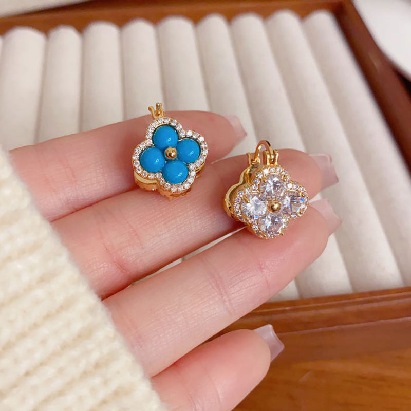 Elegant Double-Sided 4-Leaf Flower Hoop Earrings – Geometric Design