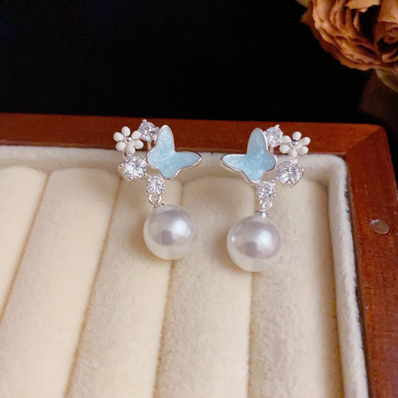 Silver Blue Enamel Butterfly & Pearl Drop Earrings – Elegant Design