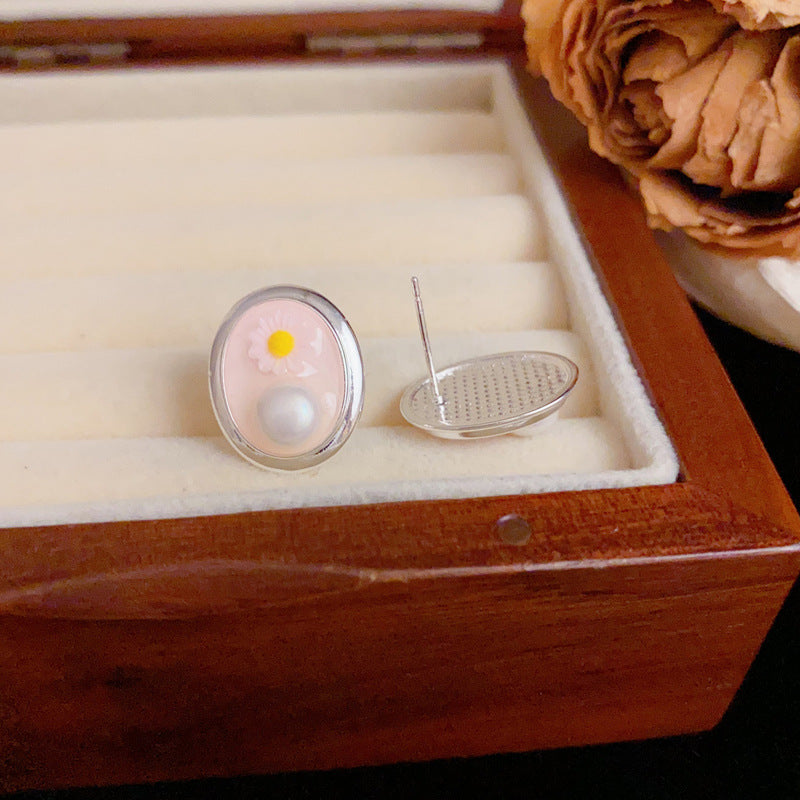 S925 Sliver Luxury Enamel Flower Oval Stud Earrings – Elegant Design