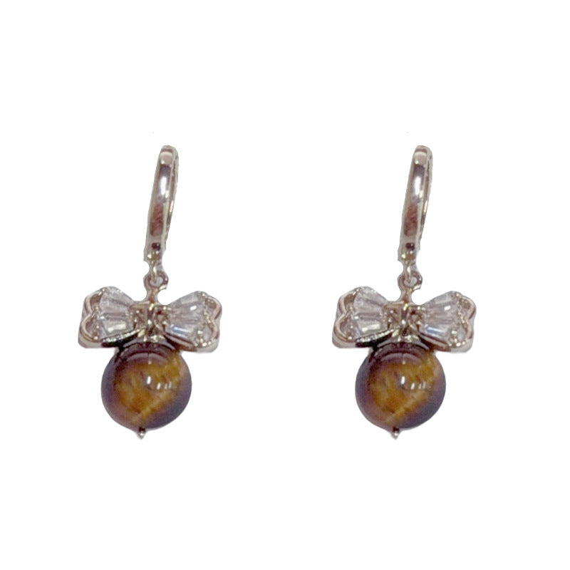 Elegant Zircon Bow Tiger’s Eye Drop Earrings – Retro Design