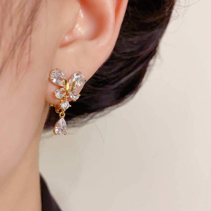 14K Gold Zircon Butterfly Waterdrop Tassel Ear Clips – Elegant Design