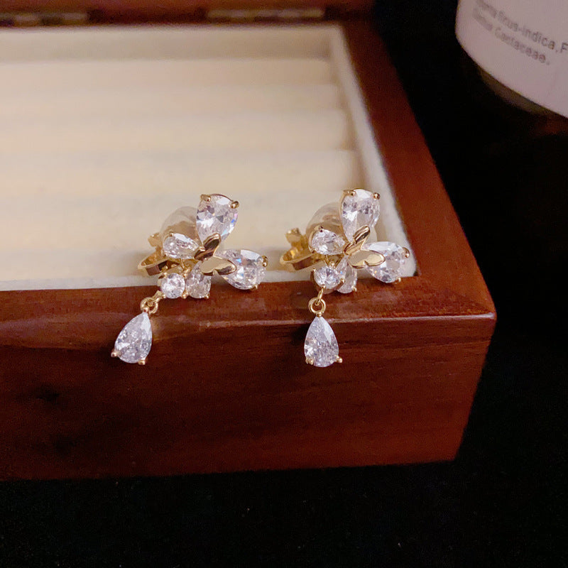 14K Gold Zircon Butterfly Waterdrop Tassel Ear Clips – Elegant Design