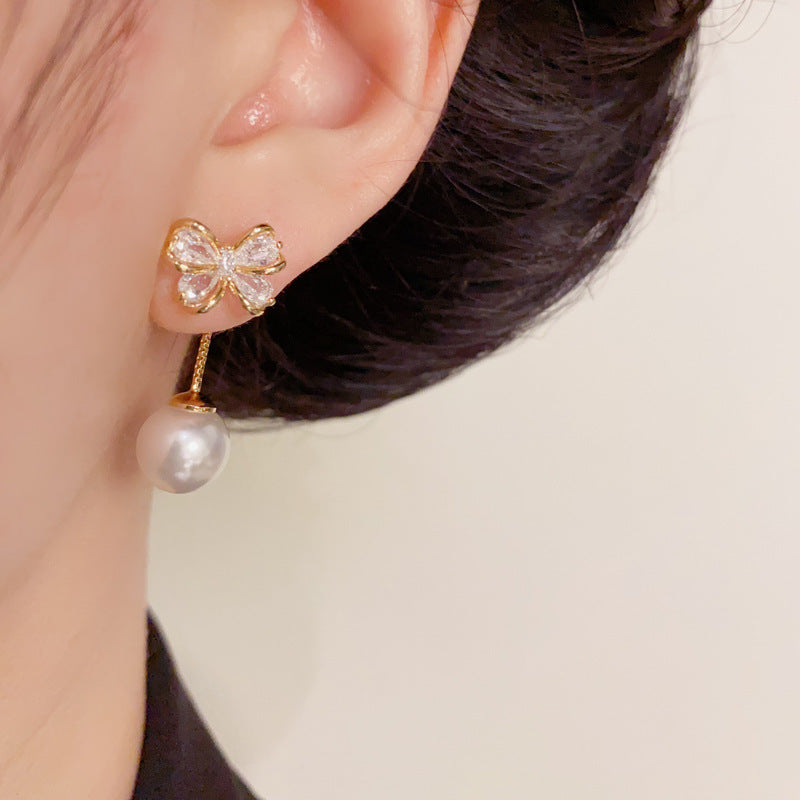 Luxury Zircon Bow & Two-Way Pearl Drop Earrings – Silver Needle Design