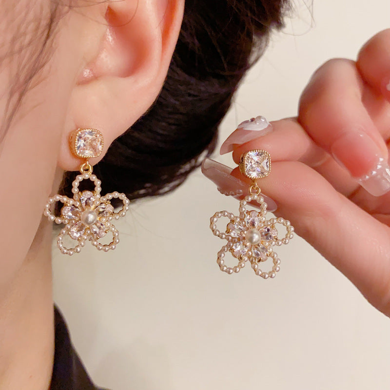 14K Gold Zircon Pearl Open Flower Drop Earrings - Chic Elegance Design