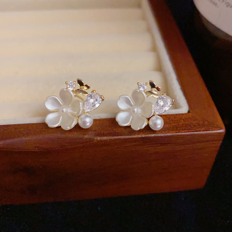 14K Gold-Plated White Flower Butterfly Stud Earrings – Elegant & Chic