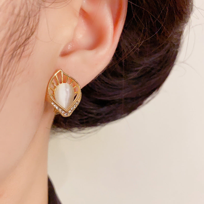 14K Gold Plated Hollow Leaf Stud Earrings – Cat Eye Stone Korean Style