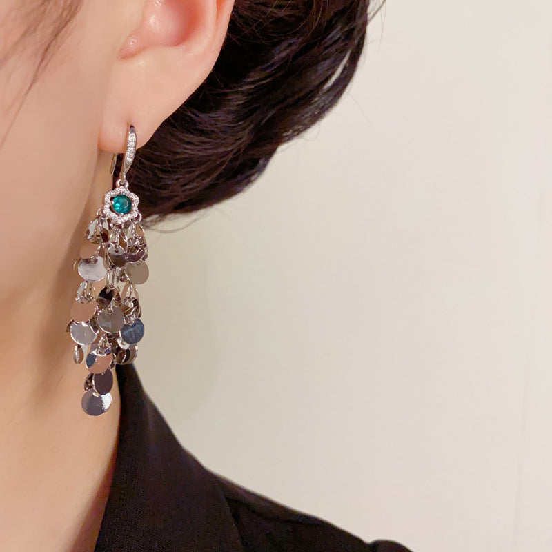 Luxury Zircon Petal Metal Disc Tassel Drop Earrings – Elegant Design