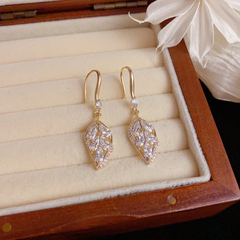Luxury Full-Zircon Leaf Tassel Ear Hook Earrings – Elegant Design