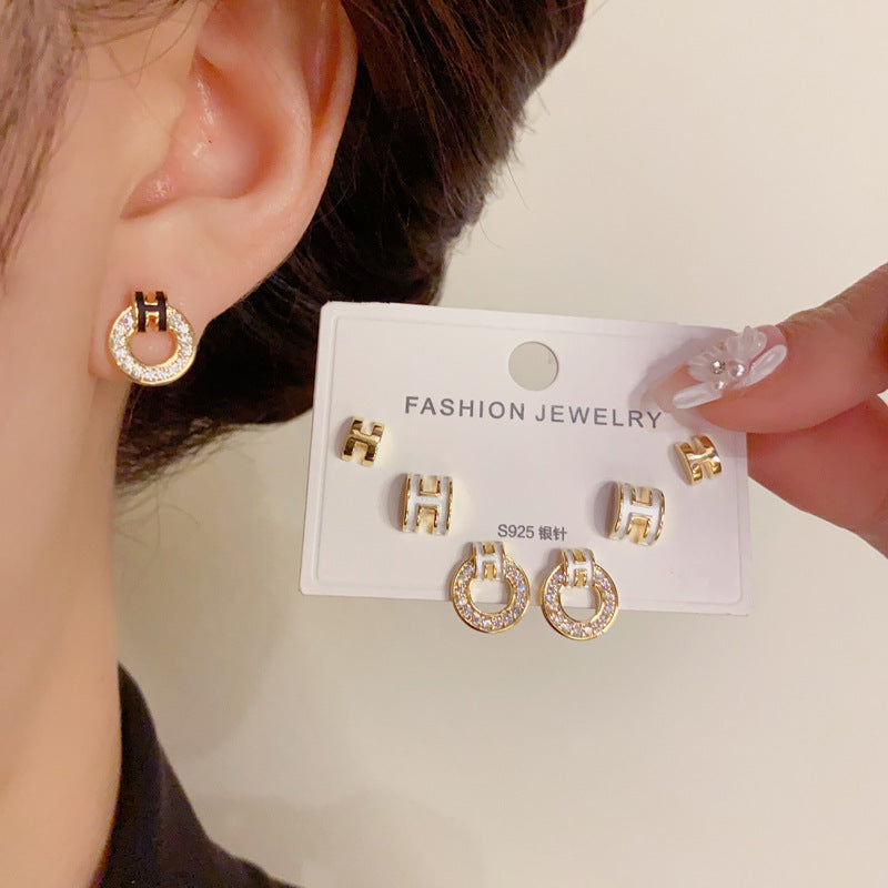 14K Gold-Plated H Letter Circle 3Piece Stud Earrings - Chic Design