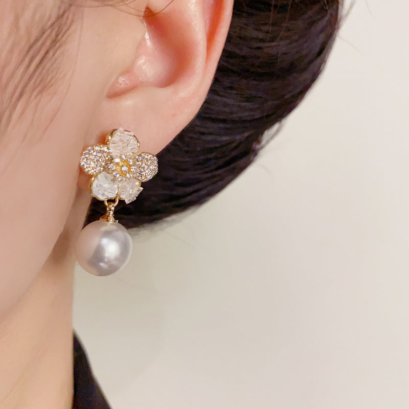 14K Gold-Plated Diamond Flower Drop Pearl Earrings – Elegant Design