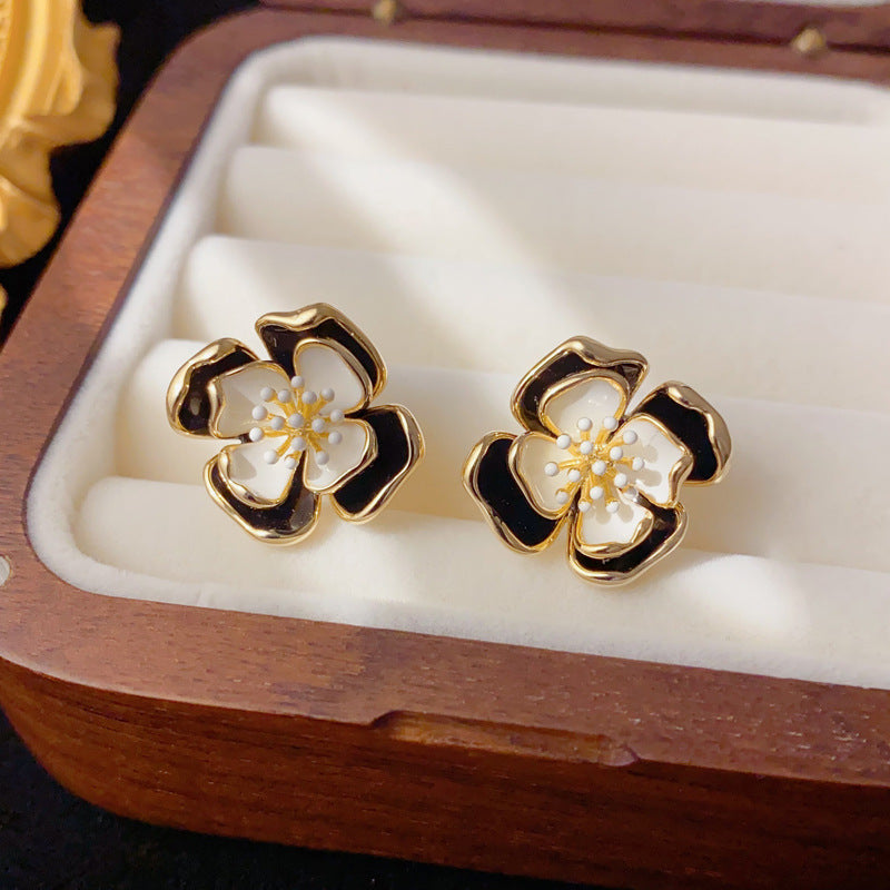 Elegant Double-Layer Enamel Petal Stud Earrings – Floral Design