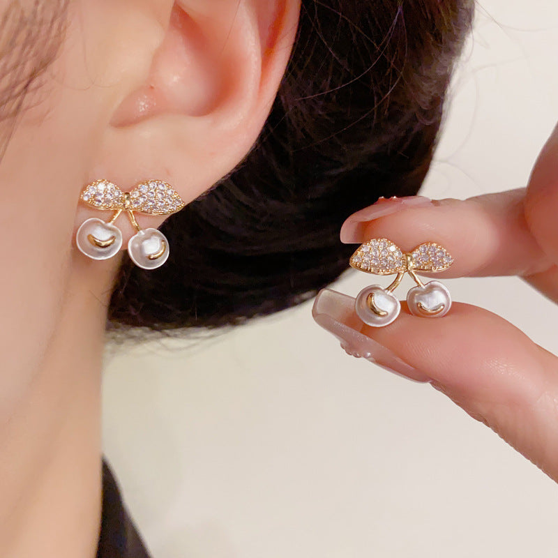 14K Gold Minimalist Zircon&Pearl Cherry Stud Earrings – Elegant Design