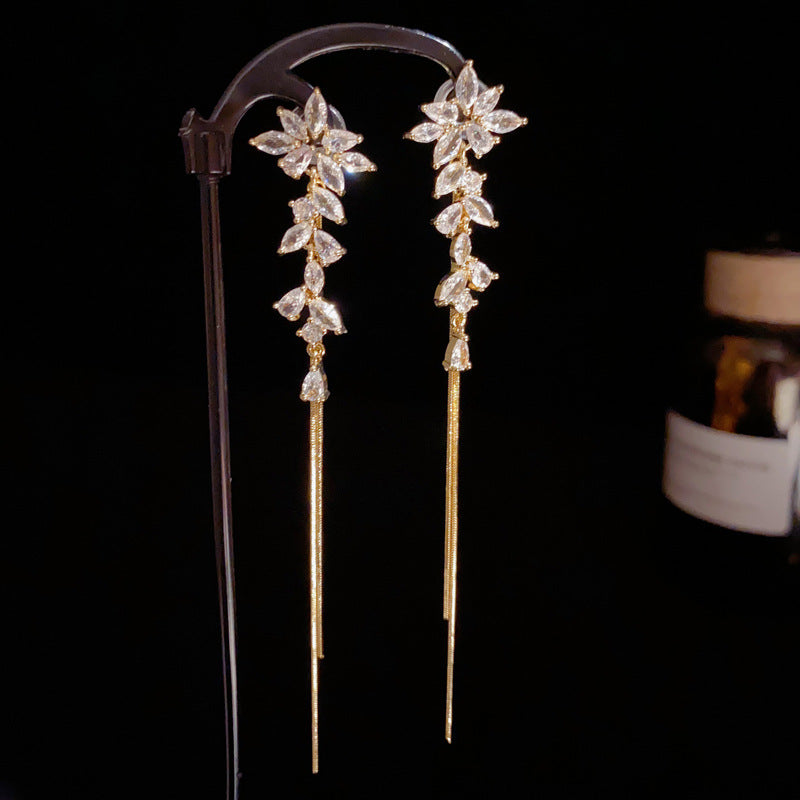14K Gold Luxury Full-Zircon Leaf Tassel Drop Earrings – Elegant Design