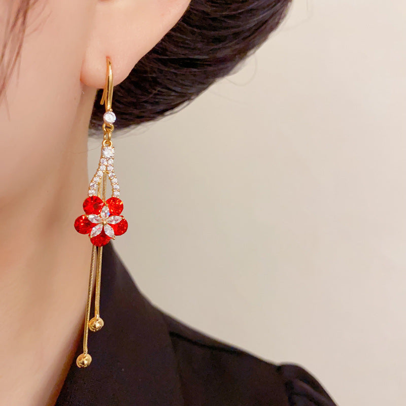Luxury Micro-Pavé Red Petal Tassel Drop Earrings – French Retro Design