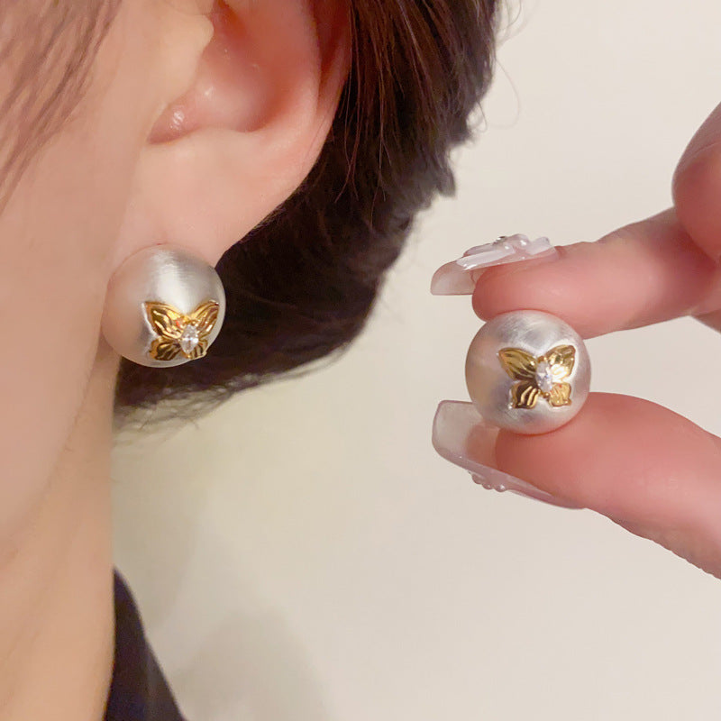 14K Gold-Plated Round Butterfly Stud Earrings - Elegant Minimalist
