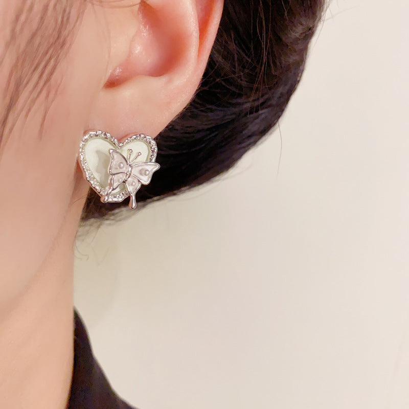 Luxury Silver-Coated Heart Butterfly Stud Earrings – Elegant Design