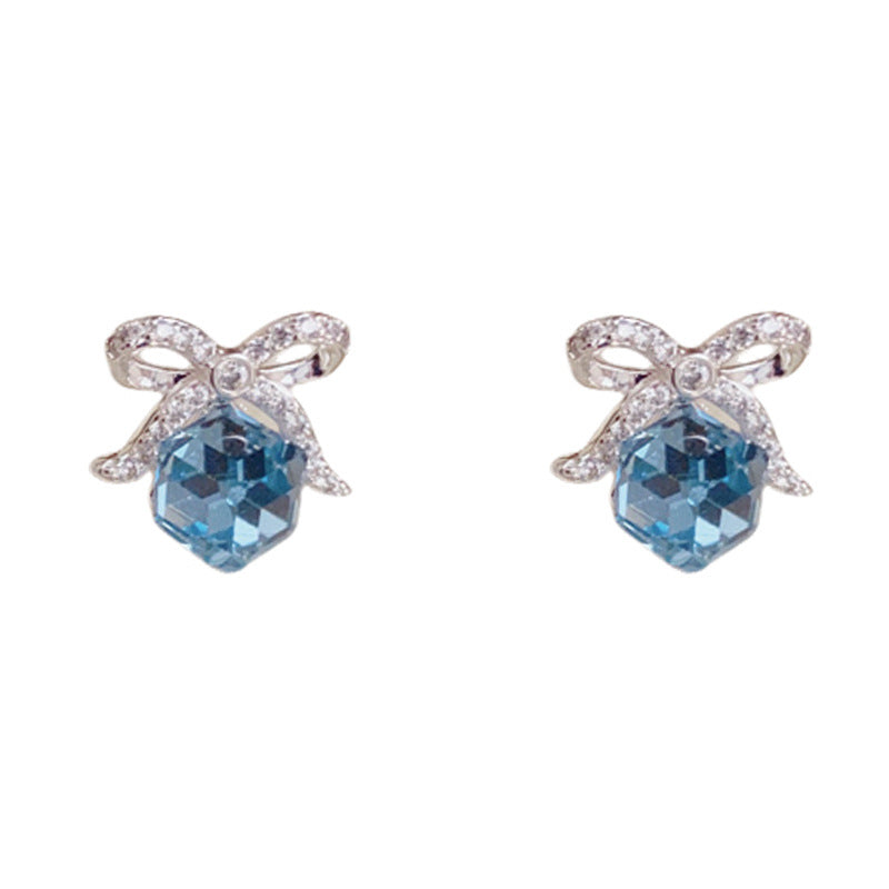 Luxury Zircon Bow & Sugar Cube Crystal Stud Earrings – Elegant Design