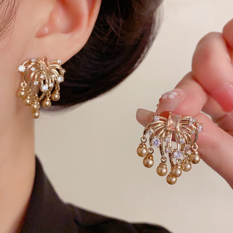 Luxury Zircon Firework Pearl Tassel Drop Earrings – Retro Design