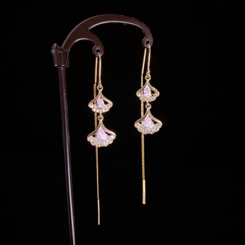 14K Gold Purple Ginkgo Leaf Tassel Earrings - Chic Elegance Design