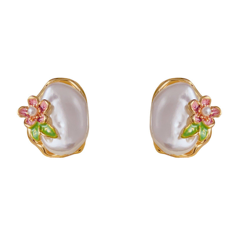 Luxury Irregular Enamel Pearl Flower Gold Earrings – Elegant Design