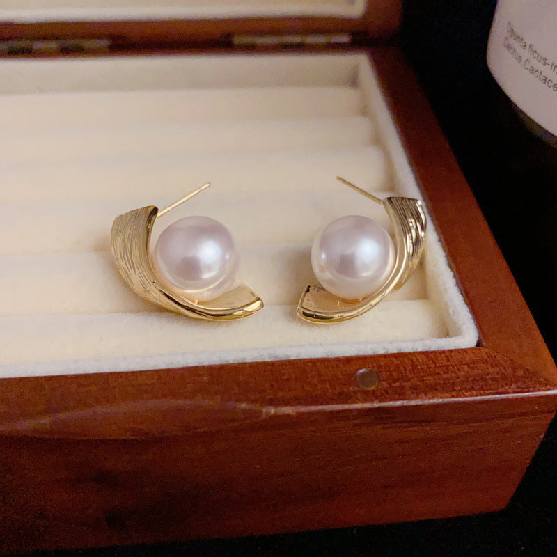 14K Gold Pearl Wrapped Hoop Stud Earrings – Elegant Minimalist Design